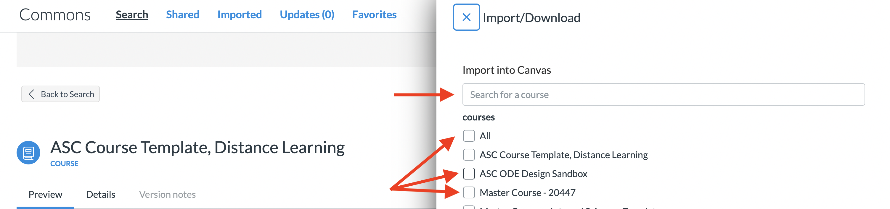 Canvas Commons resource with search bar, and course selector pointed out with red arrows