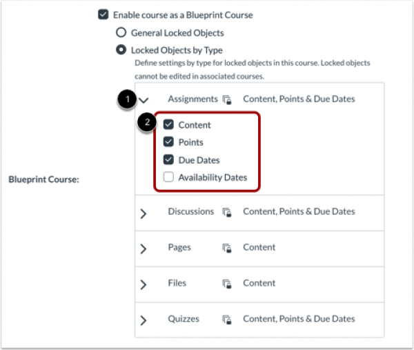 CarmenCanvas Settings with Enable Blueprint course and Locked Objects by Type boxes selected, Assignments dropdown expanded with Content, Points, and Due Dates selected