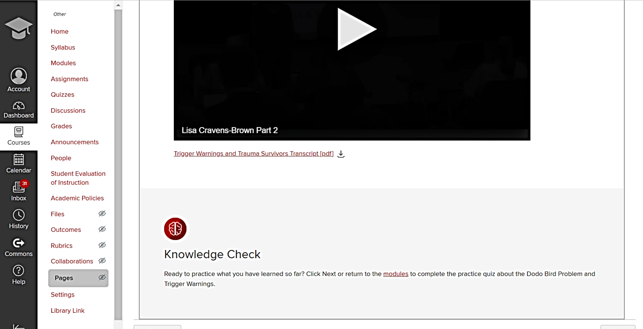 This is a screenshot showing a knowledge checkpoint section with a link to a comprehension check beneath the lecture video.