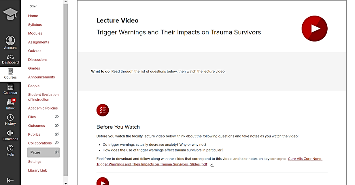 This is a screenshot of a video lecture page with a list of questions that students should consider before watching the video.