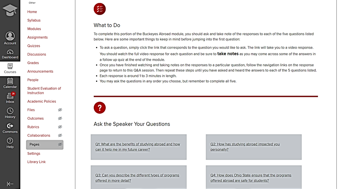 This is a screenshot of a sample QA landing page with instructions about what to do with the page and a list of questions that students can click to ask.