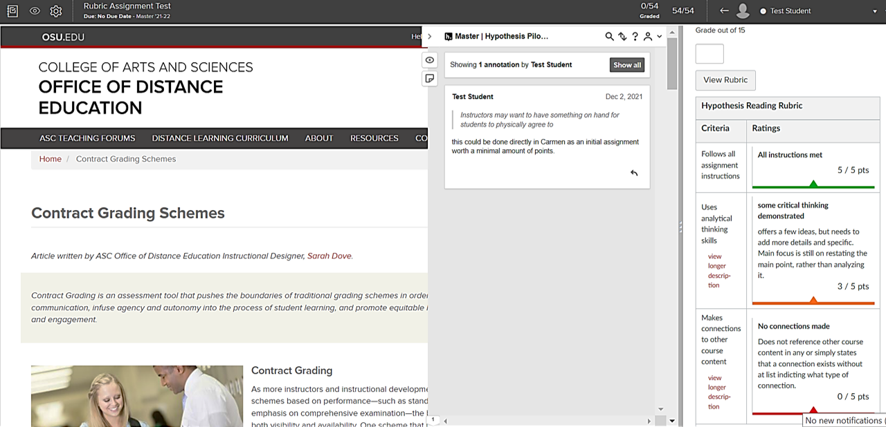 Screenshot of the SpeedGrader view in Carmen showing a Hypothesis assignment with an attached rubric with criteria descriptions and points awarded.