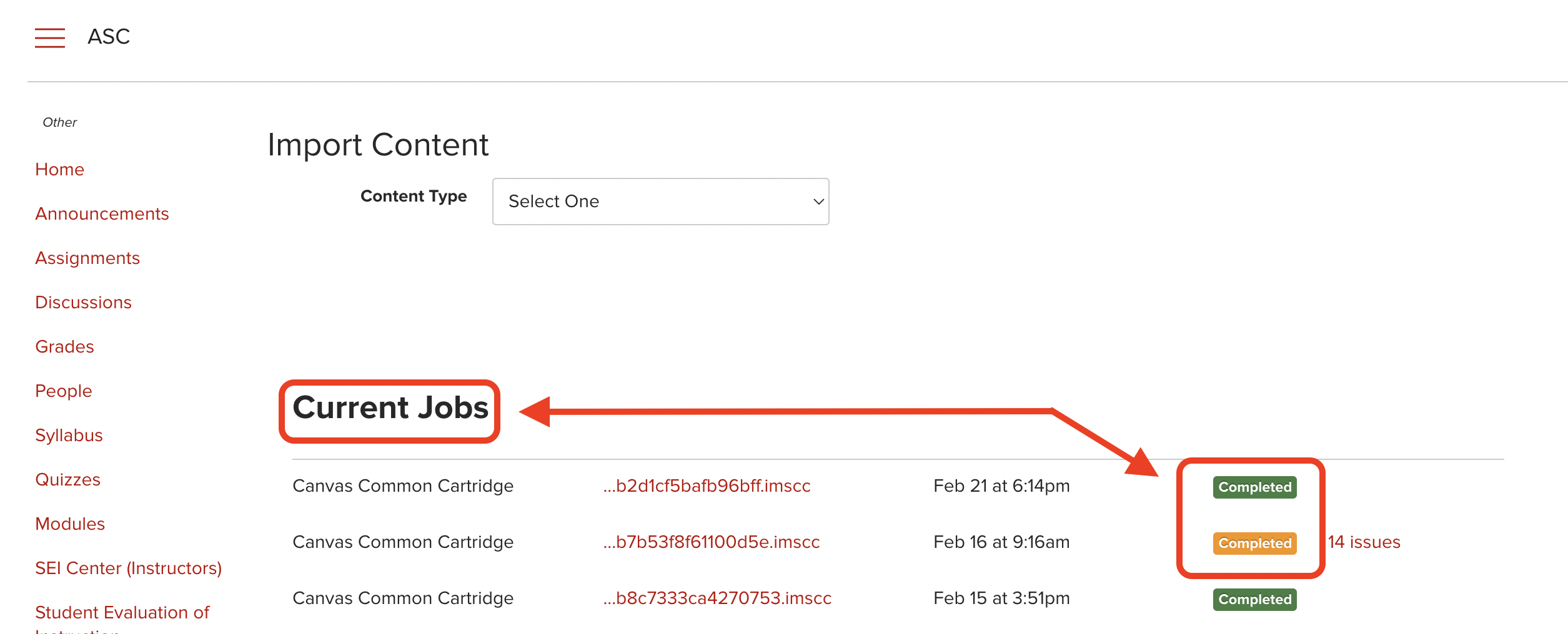 Carmen course Setting page where Import content can be seen displaying the current jobs being imported as well as their status. 