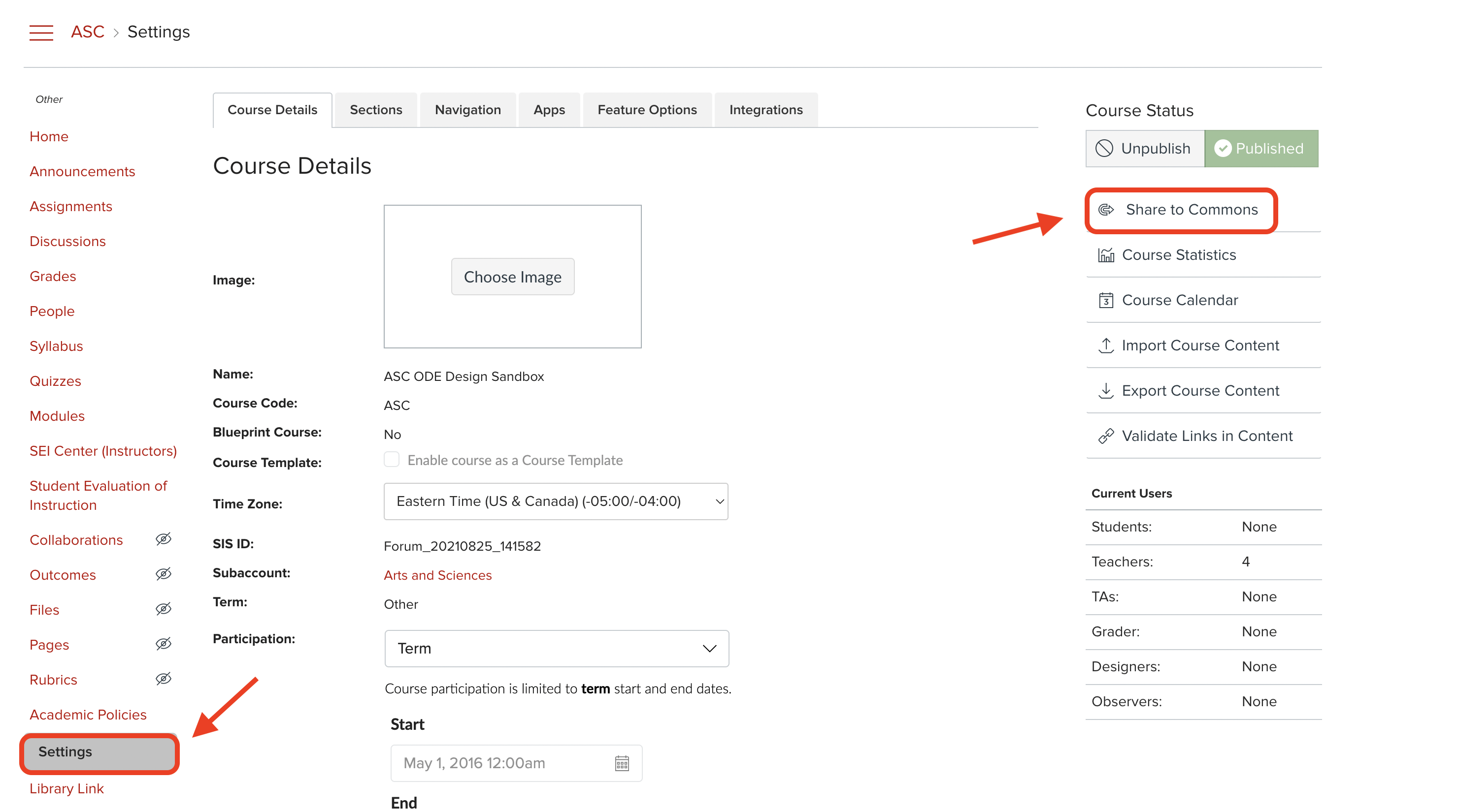 Screenshot of Carmen course Settings page with "Share to Commons" circled in red.