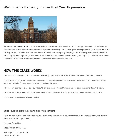 Carmen homepage, basic layout with an image of University Hall, and text for syllabus, professor's intro, and resources