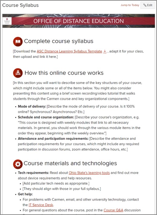 Carmen syllabus tool-crafted syllabus page with directions and information