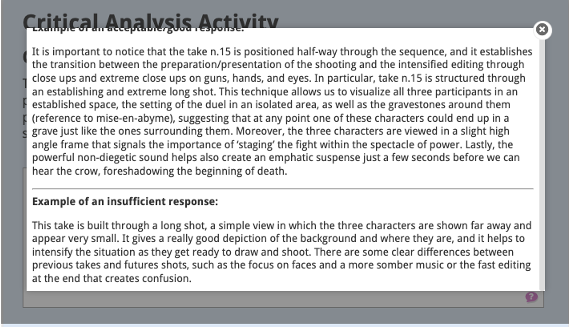 This screenshot shows a pop up window containing examples of an acceptable scene analysis response and an insufficient response for comparison.