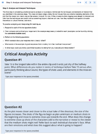 Screenshot of the Analysis Activity in Exercise 3 of Film Studies course. The activity contains an initial text prompt, text entry box, and examples within a bubble icon.
