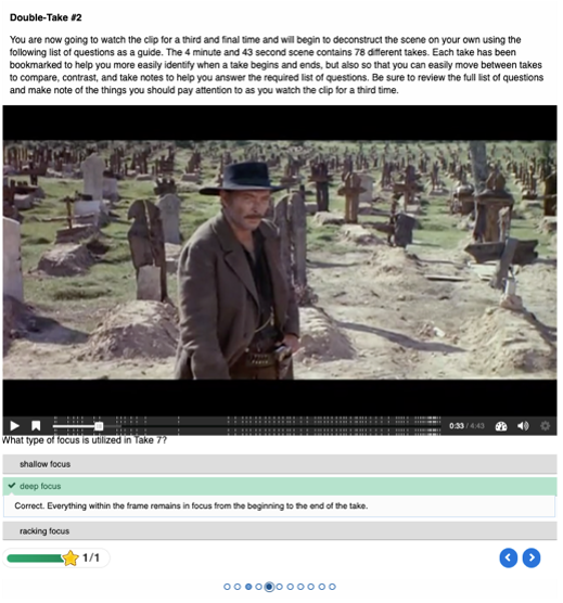 This screenshot shows an embedded video with bookmarks along the video timeline. Below the video is an interactive quiz set with immediate feedback.