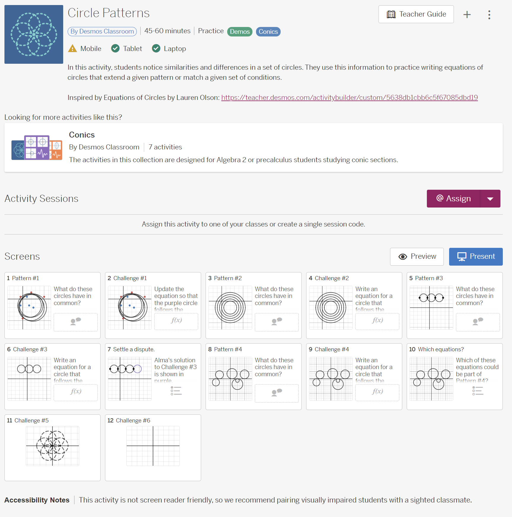 screenshot of desmos classroom instructor interface for a specific lesson that includes a dozen specific challenges 