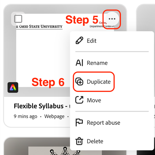 Adobe express item showing the location of the three-dot more options menu and the option to duplicate a shared file.