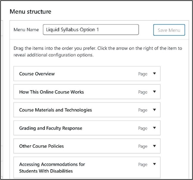 u.osu.edu Dashboard Menus screenshot, zoomed in on Menu Structure.