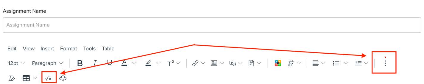 Rich content editor menu in CarmenCanvas displaying an alternative location for opening the equation editor. 