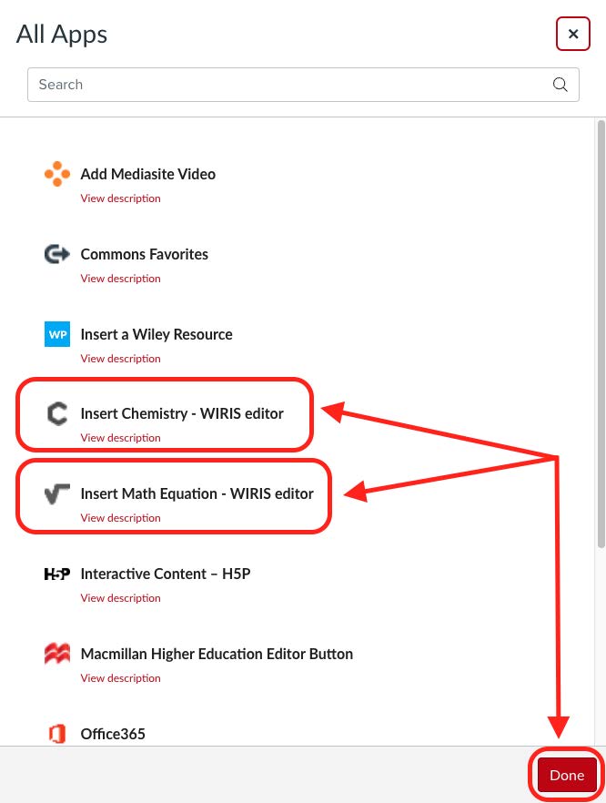 The plug-in app menu in CarmenCanvas highlighting the location of the WIRIS ChemType and MathType editors. 