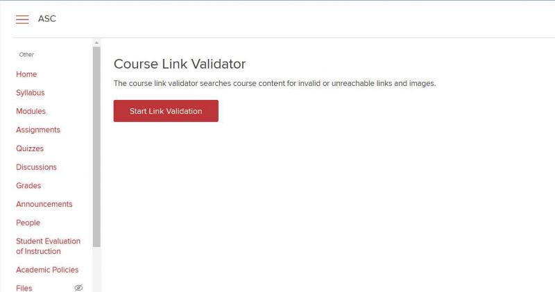 Screenshot of Carmen course page showing the "Start Link Validation" button