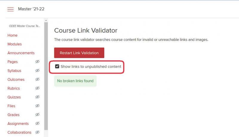 Screenshot of Carmen course link validator page with a checked box marked and "Show links to unpublished content" circled in red