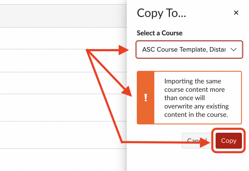 The Copy To slide-out window with Course selector, orange warning box, and "Copy" pointed out.