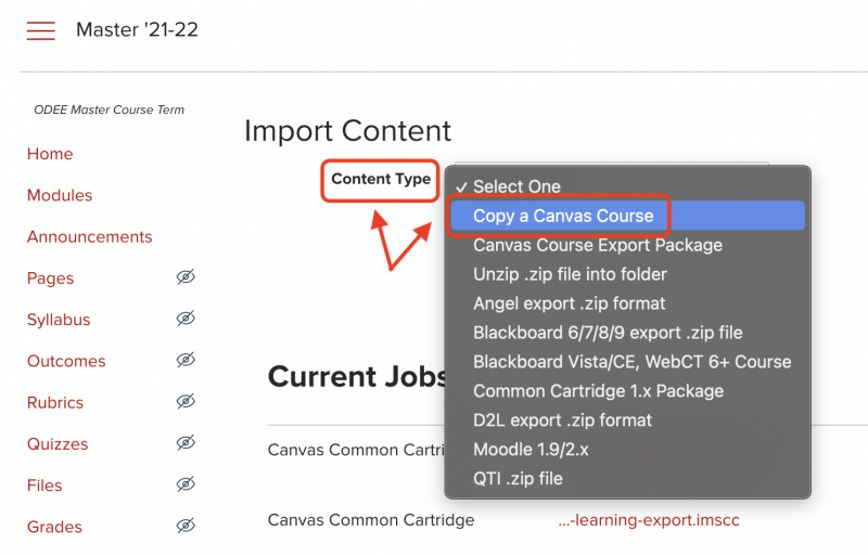 Carmen Import Course page with Content Type and Copy a Canvas Course circled in red.