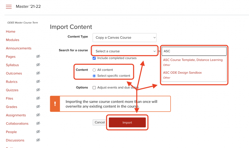Carmen Import Content page with Course selector, content type, and the Import button all circled in red.