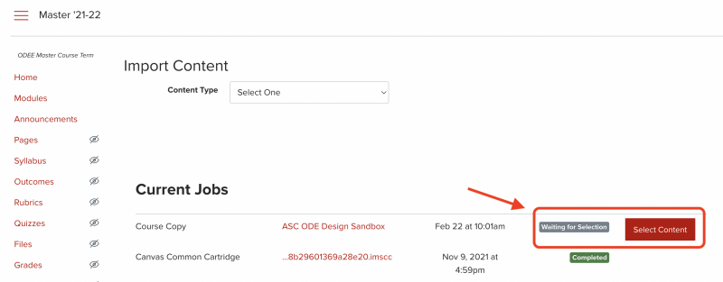 Carmen Import Content Page showing current jobs with select content button circled in red.