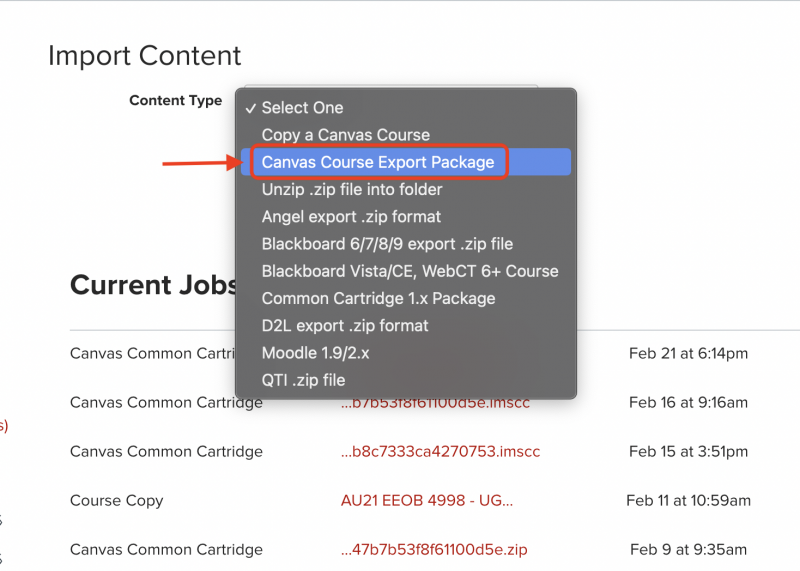 Carmen Import Course page with Content Type and Canvas Course Export Package circled in red.