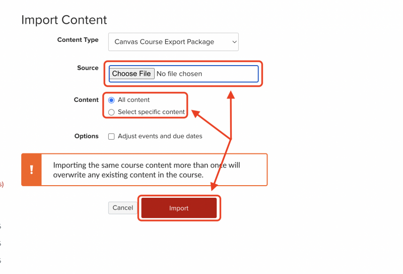Carmen Import Course page with Choose File, Content Type, and the red Import button all circled in red.