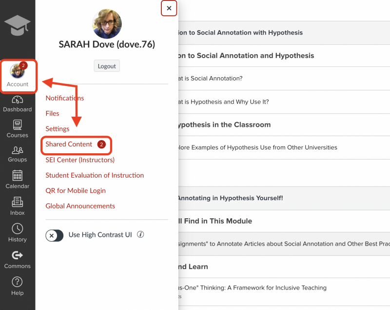 Carmen Course global navigation bar with Account selected and Share Content circled in red under the Account slide-out window.