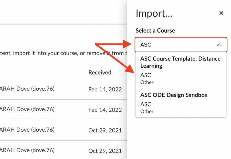 From the Import pop-out window, Select a Course is being filled in with options appearing.