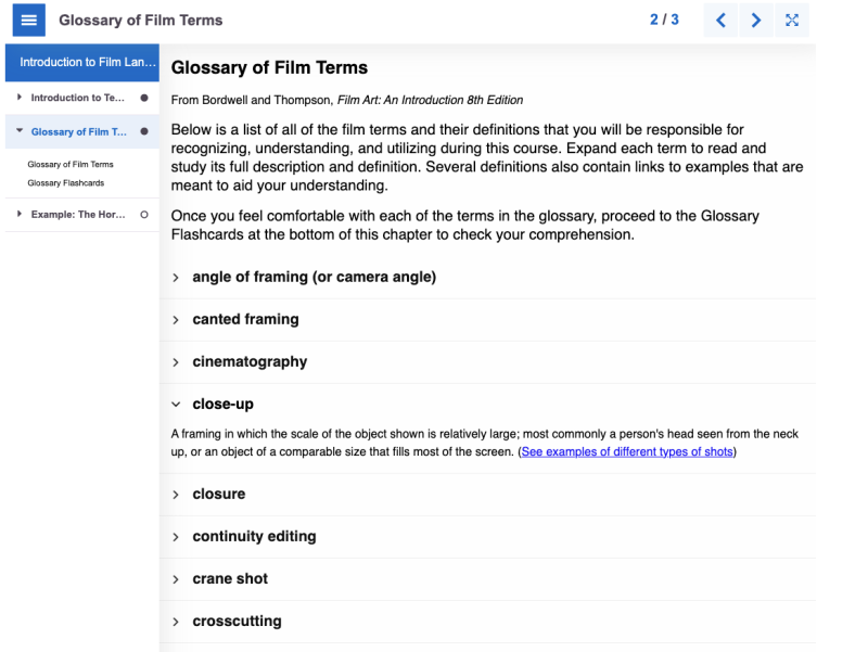 A screenshot shows an accordion list of technical film terms inside of an interactive book. The term "close-up" is expanded and a brief definition and link to examples can be seen.