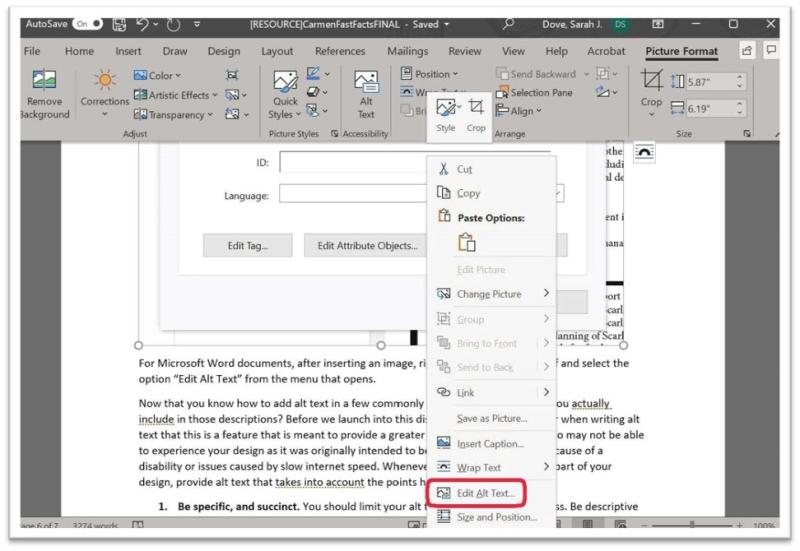 Screenshot of a Word document with an image added. A right click box has appeared and "Edit Alt Text..." is circled in red.