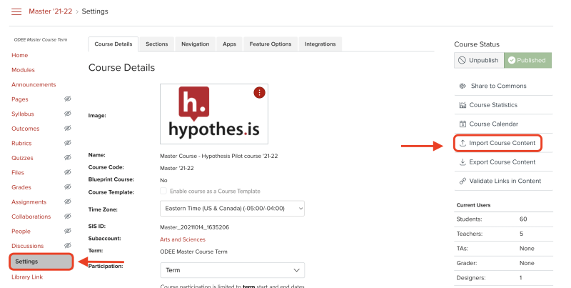 Carmen course setting page with Import Course Content circled in red.
