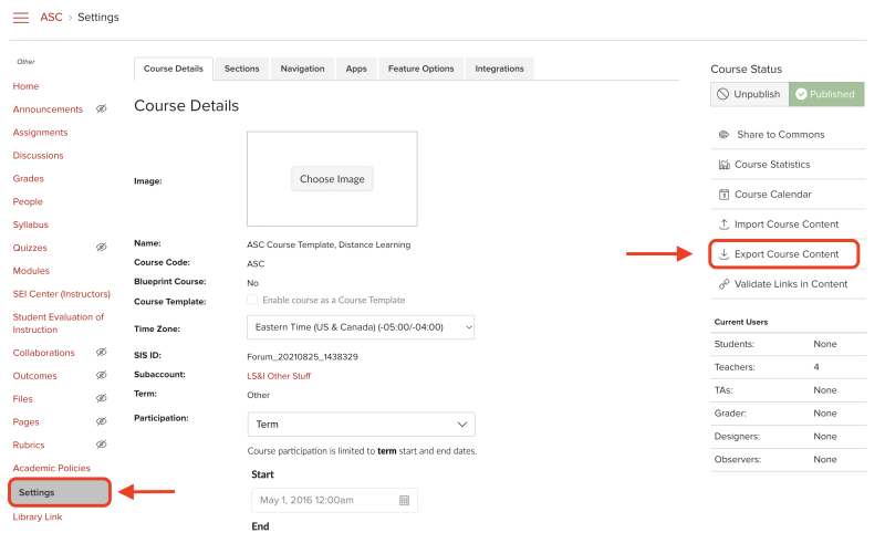 Carmen course setting page with Export Course Content circled in red.