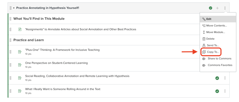 Carmen course module with "Copy To..." circled in red from the right-hand, drop-down menu.
