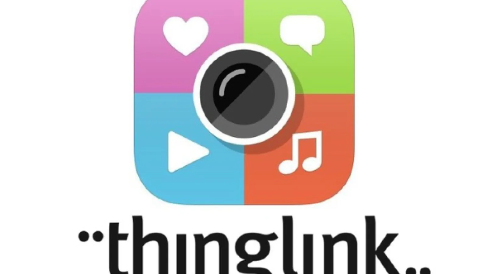 Thinglink Logo: Square with camera lens at center. The square is divided intom 4 quadrants: pink box with white heart symbol, green box with white comment symbol, blue box with white triangle play symbol, and orange box with white music symbol