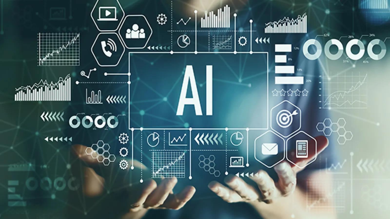 Human holding technical-looking graphics and the letters "AI" in hands