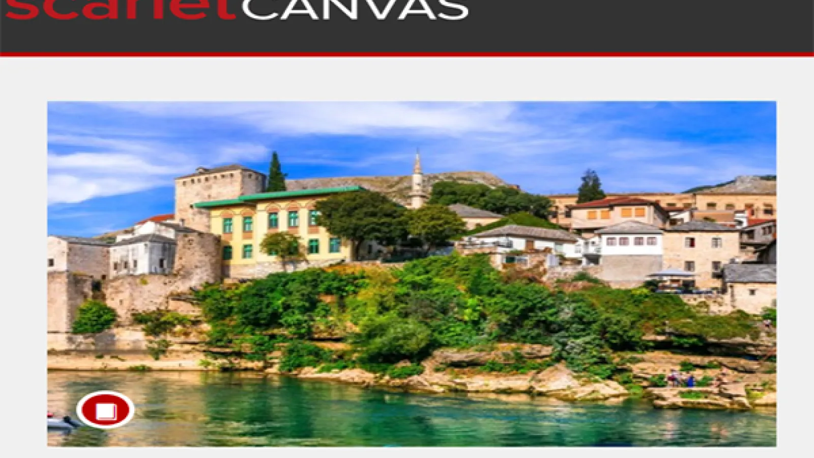ScarletCanvas title card with an image of a city along a mountainous coastline