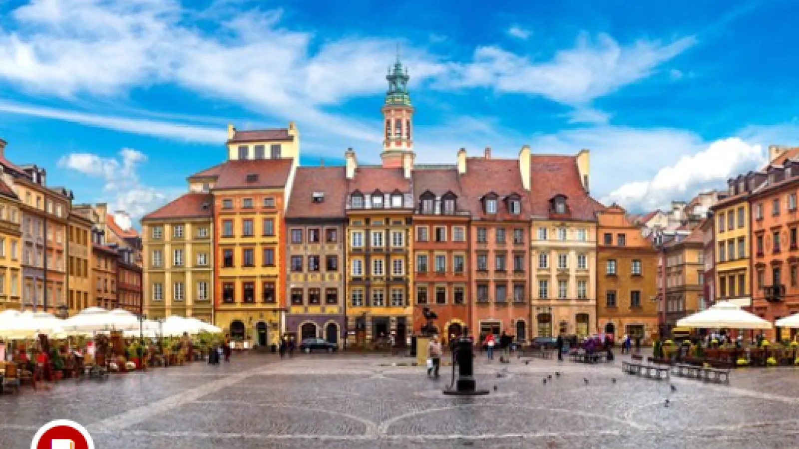 A city square under a blue sky with Renaissance style buildings and open-air cafes