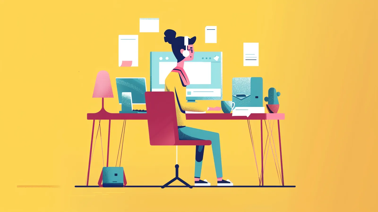 Someone sitting in a chair at a computer desk with a printer and lamp and computer on it.