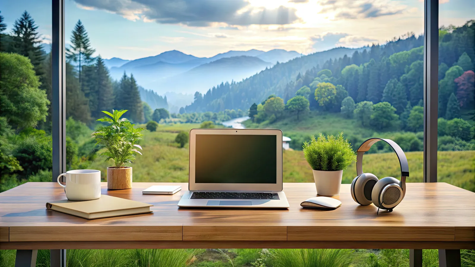 A laptop computer on a desk in front of a window looking out onto a beautiful natural landscape.