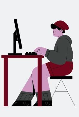 Graphic of a cartoon student at a desk on a computer