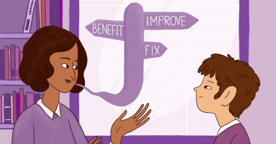 Female adult talking to male young person, with caption, "Improve, Benefit, Fix"