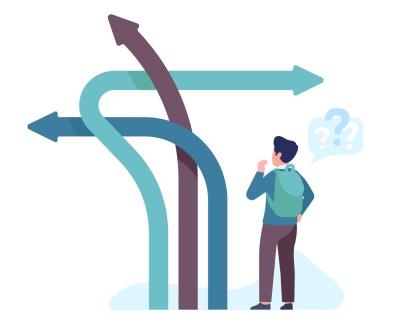 A student looking at three arrows pointing in different directions representing possible pathways