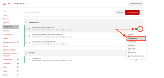 Screenshot of a Carmen course Assignments page where an Assignment options menu is open and duplicate is circled in red.
