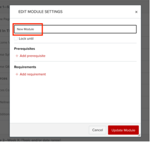 Screenshot of a the editing pop-out box showing the renaming of a duplicated Module.