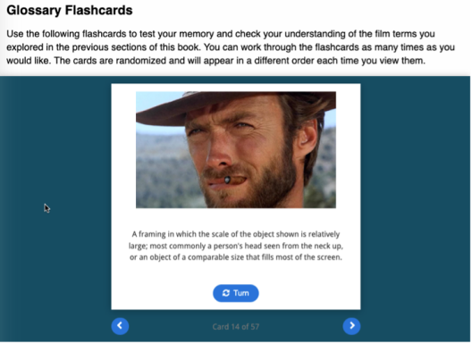 A screenshot showing a single film term flashcard with a visual image and definition displayed on the card.