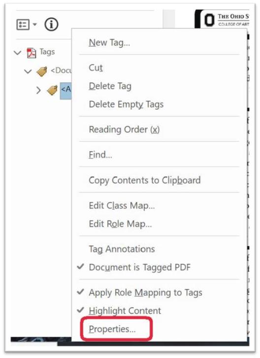 Screenshot of a PDF document with a right click box appearing and showing "Properties" circled in red.