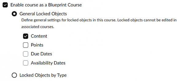Screenshot with Enable course as Blueprint Course, General Locked Objects, and Content settings boxes selected.