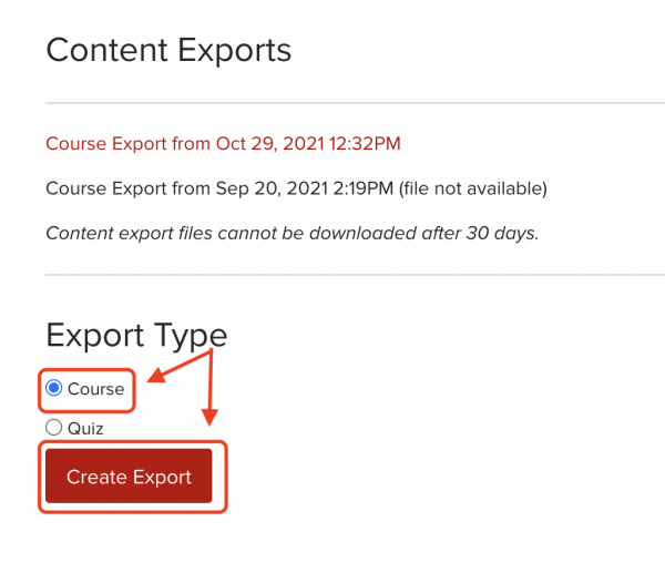 Carmen Content Exports Page with Course radio button filled in and Create Export circled in red. 