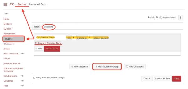 Screenshot image of a Quiz being created within a Carmen course. The Questions tab is circled in red and open to display the add New Question Group button circles in red, and the name of the question bank, number of questions and points per question changed and highlighted. Link to a Question Bank is also underlined in red.