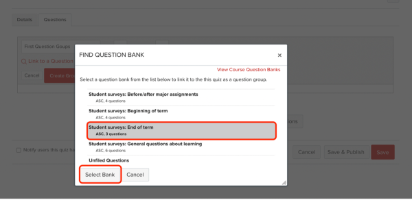 Screenshot image of the Find a Question Bank pop-out box that appears when you select Link to a Question Bank from the previous screen. A single question bank is highlighted and circled in red, and the Select Bank button at the bottom of the box is also circled in red.
